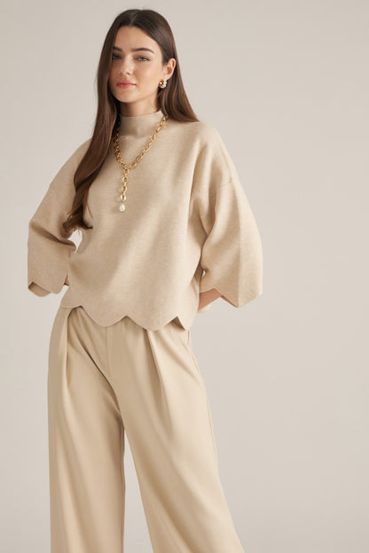 Entro Scalloped Hem Mock Neck Sweater Top in Oatmeal