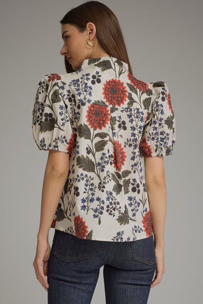 Entro Floral Puff Sleeve Pintuck Button Up Top in Ecru