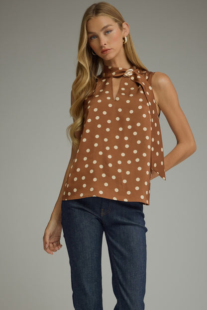 Entro Polka Dot Sleeveless Detail Neck Top - Lavish Boutique - Caramel
