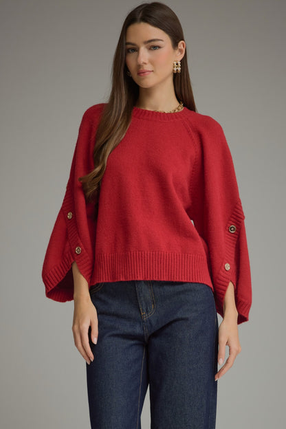 Entro Poncho Sleeve Button Detail Sweater Top in Scarlet
