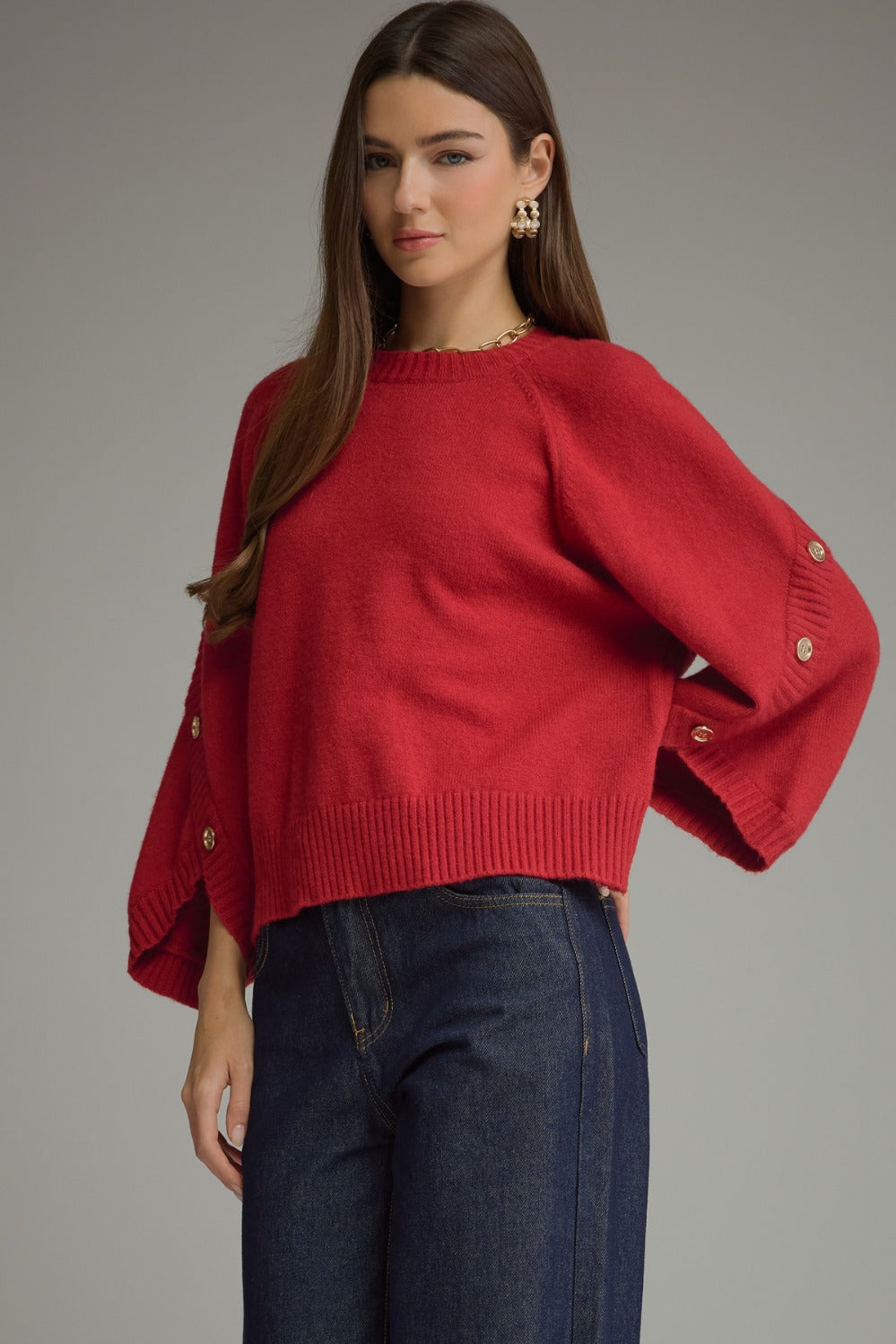 Entro Poncho Sleeve Button Detail Sweater Top in Scarlet