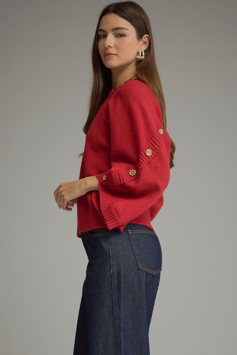 Entro Poncho Sleeve Button Detail Sweater Top in Scarlet