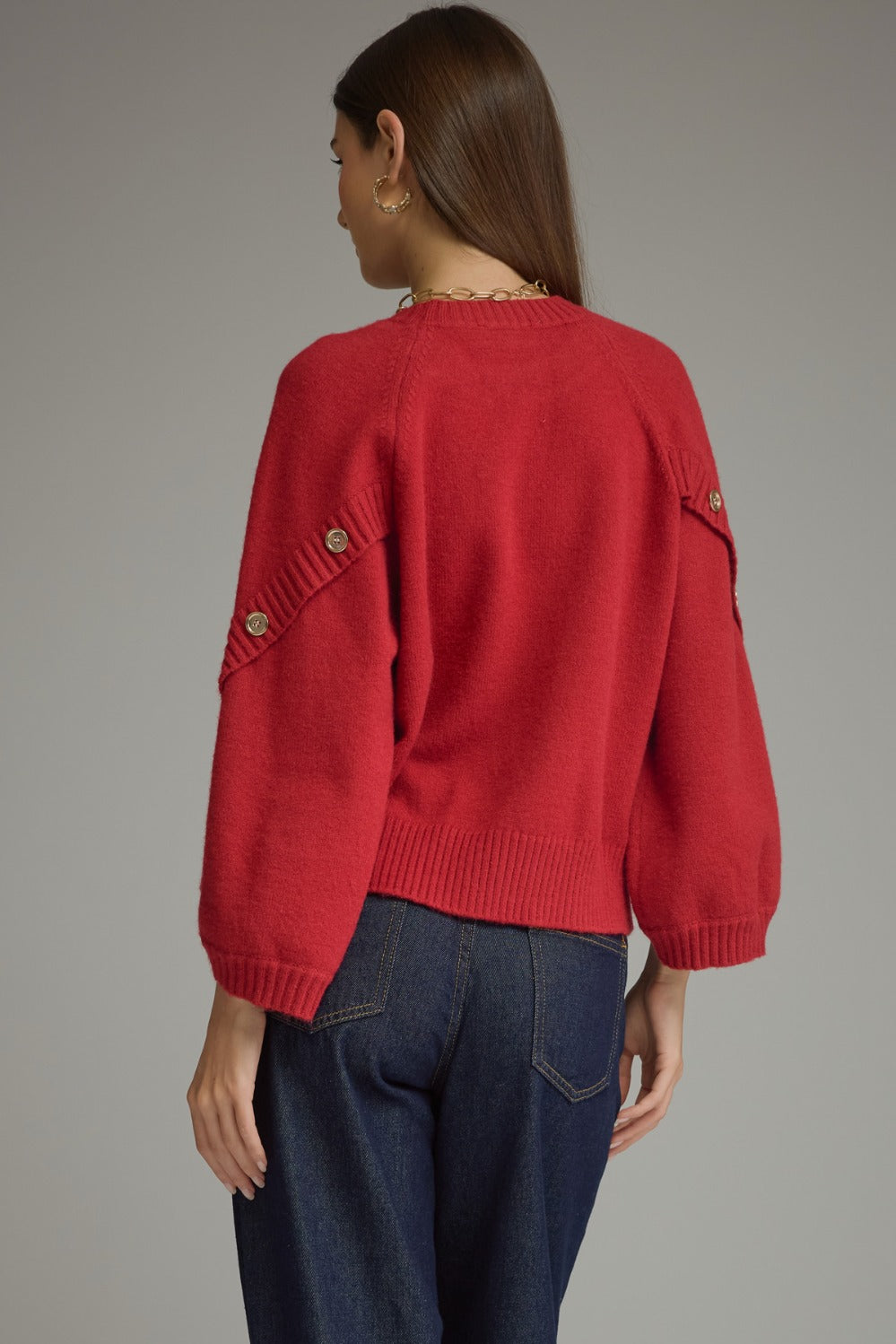 Entro Poncho Sleeve Button Detail Sweater Top in Scarlet