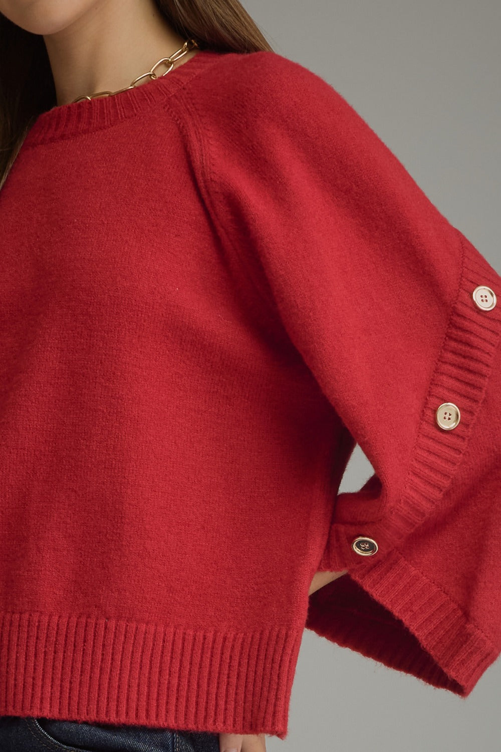 Entro Poncho Sleeve Button Detail Sweater Top in Scarlet