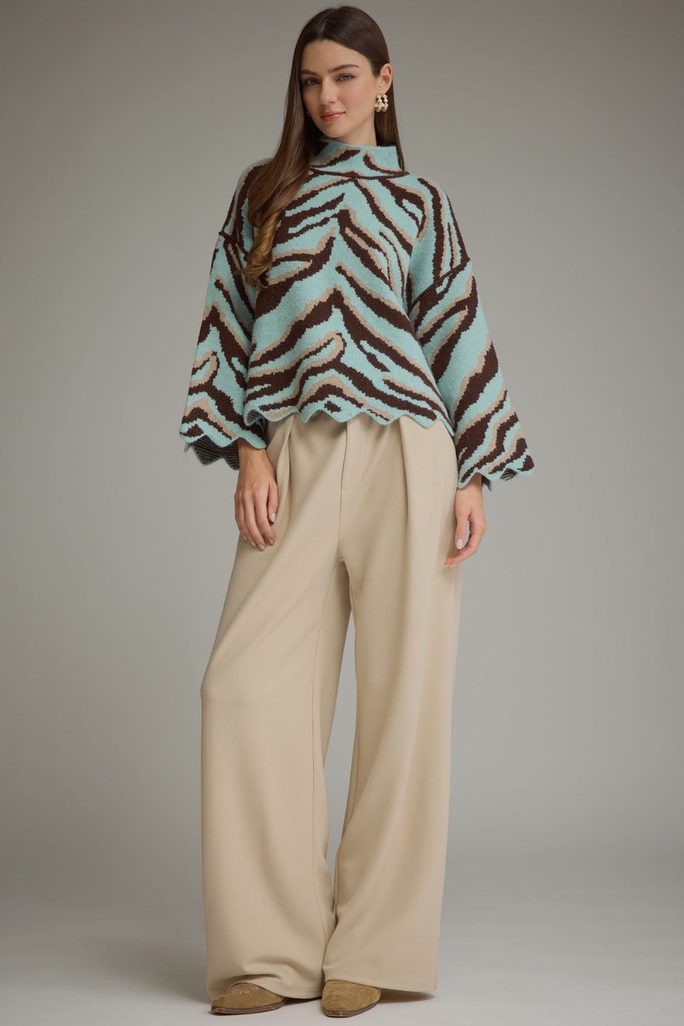 Entro Animal Print Scallop Trim Mock Neck Knit Top in Light Blue