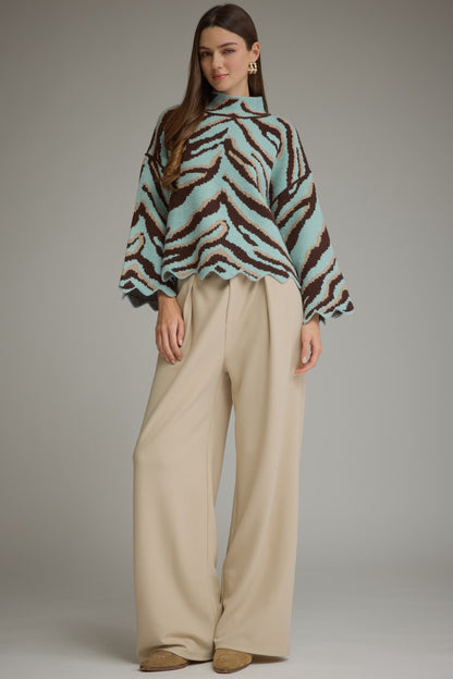 Entro Animal Print Scallop Trim Mock Neck Knit Top in Light Blue