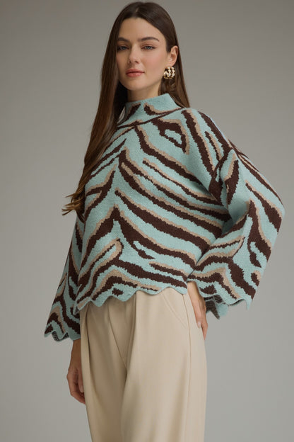 Entro Animal Print Scallop Trim Mock Neck Knit Top in Light Blue