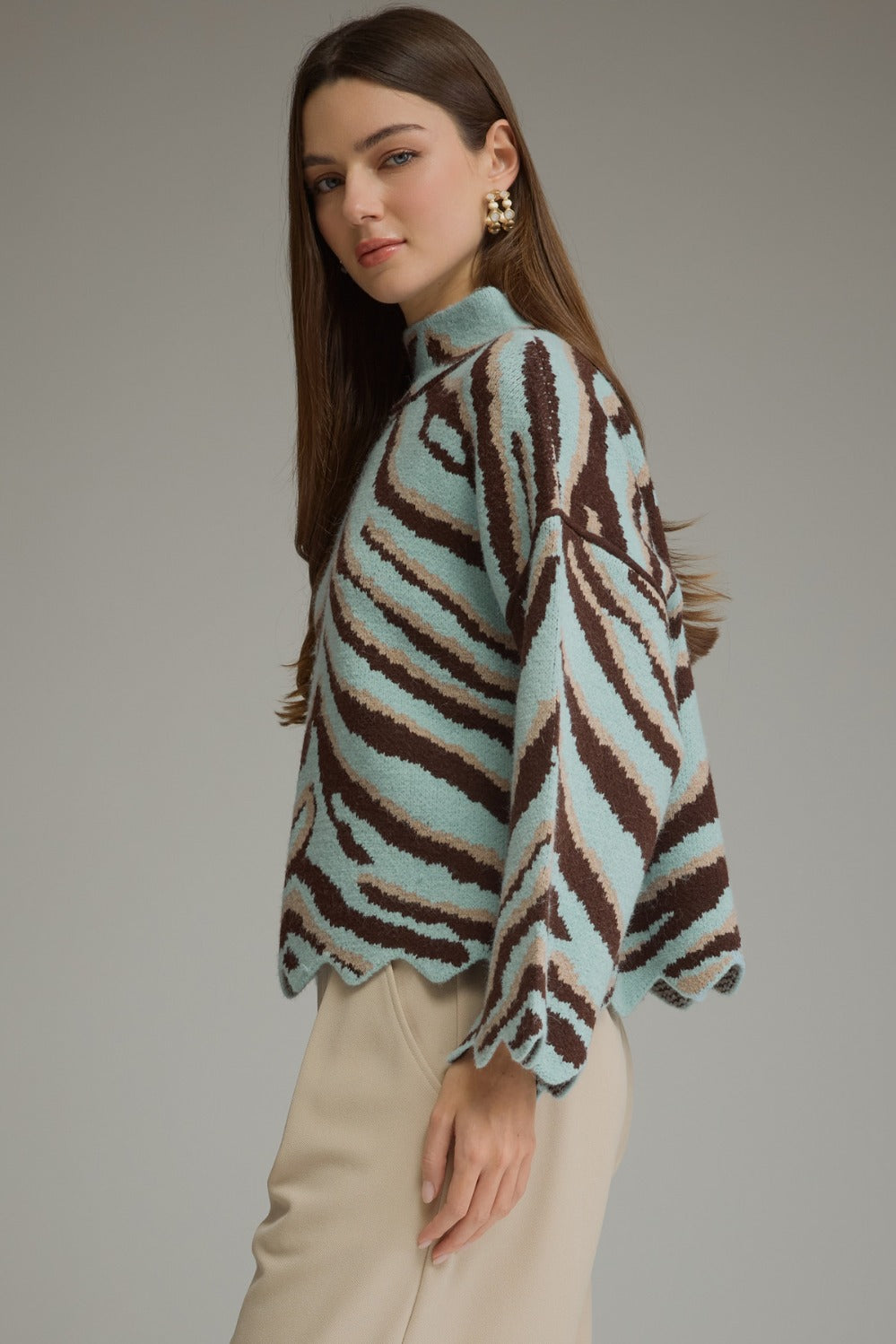 Entro Animal Print Scallop Trim Mock Neck Knit Top in Light Blue