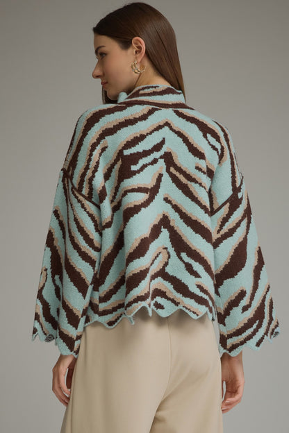 Entro Animal Print Scallop Trim Mock Neck Knit Top in Light Blue