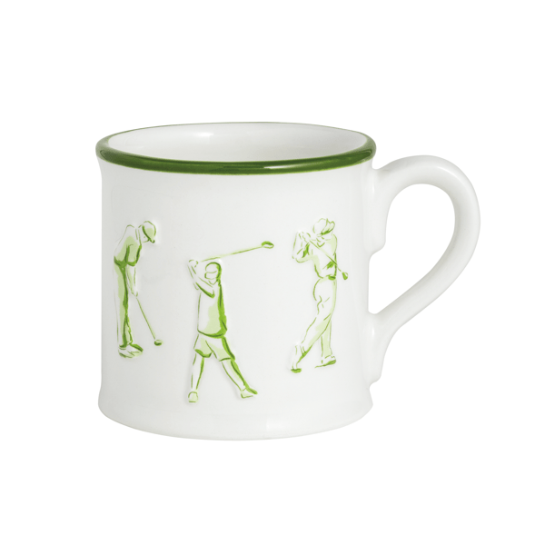 MudPie golfers mug, white ceramic with green rim and golfer scene