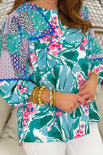 Teal Mix Floral Puff Sleeve Top