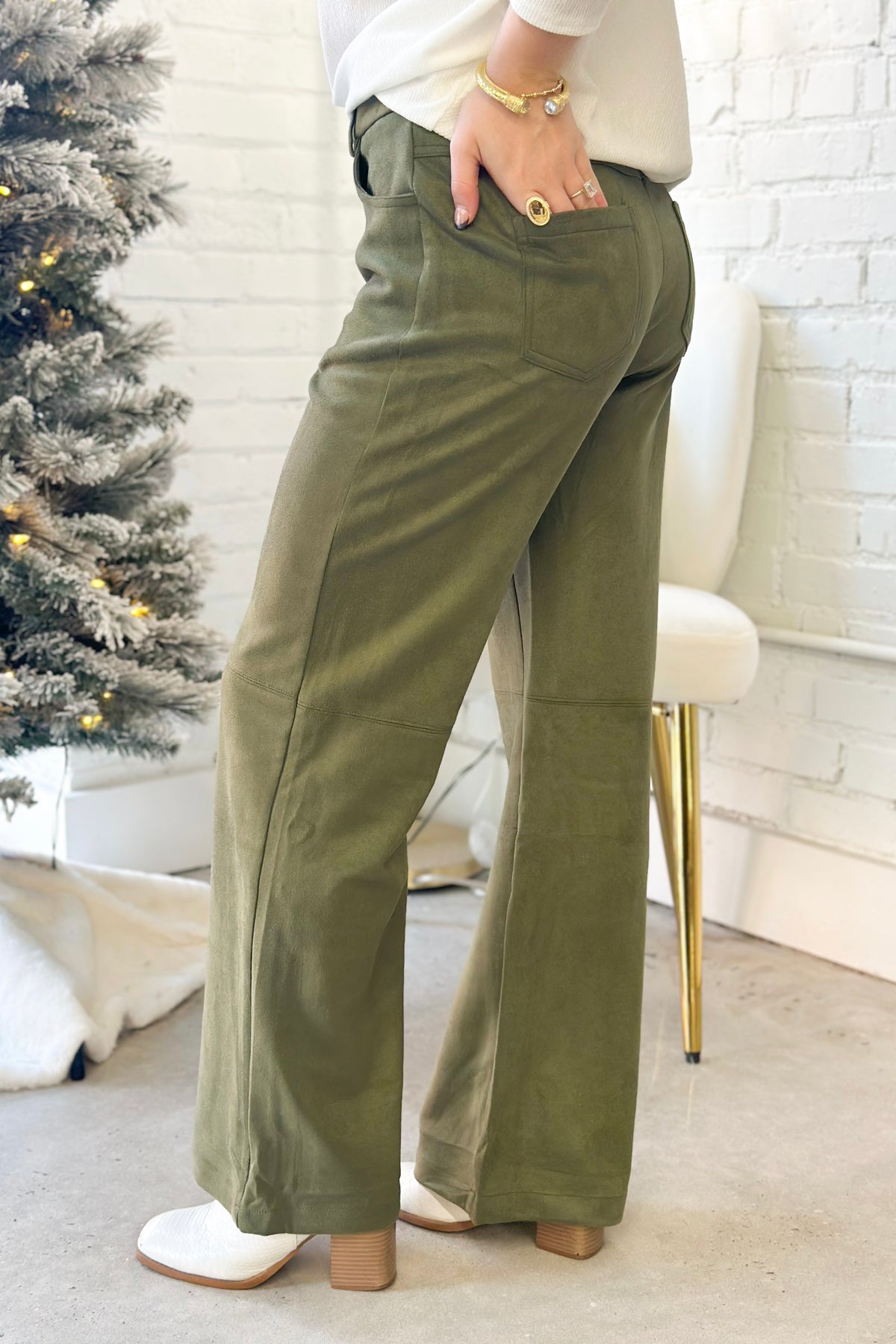 Olive suede straight-leg pants, wide legs with side pockets