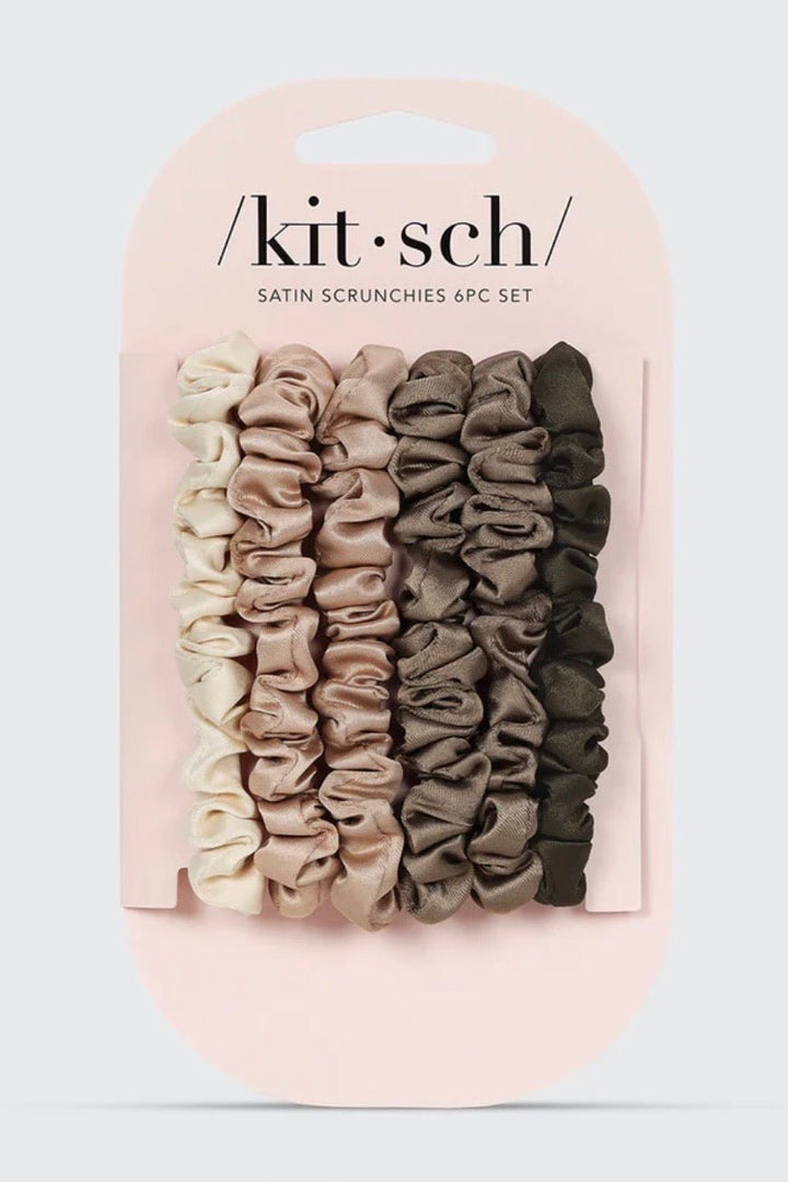 Six petite satin scrunchies in eucalyptus green tones