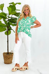 Green Mix Abstract Print Double Ruffle Top