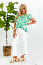 Green Mix Abstract Print Double Ruffle Top