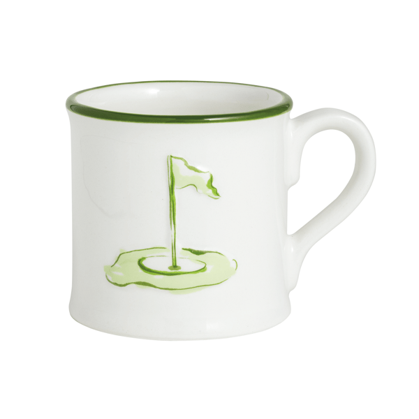 Mudpie golf flag mug, white ceramic with green rim and handle, green flag graphic