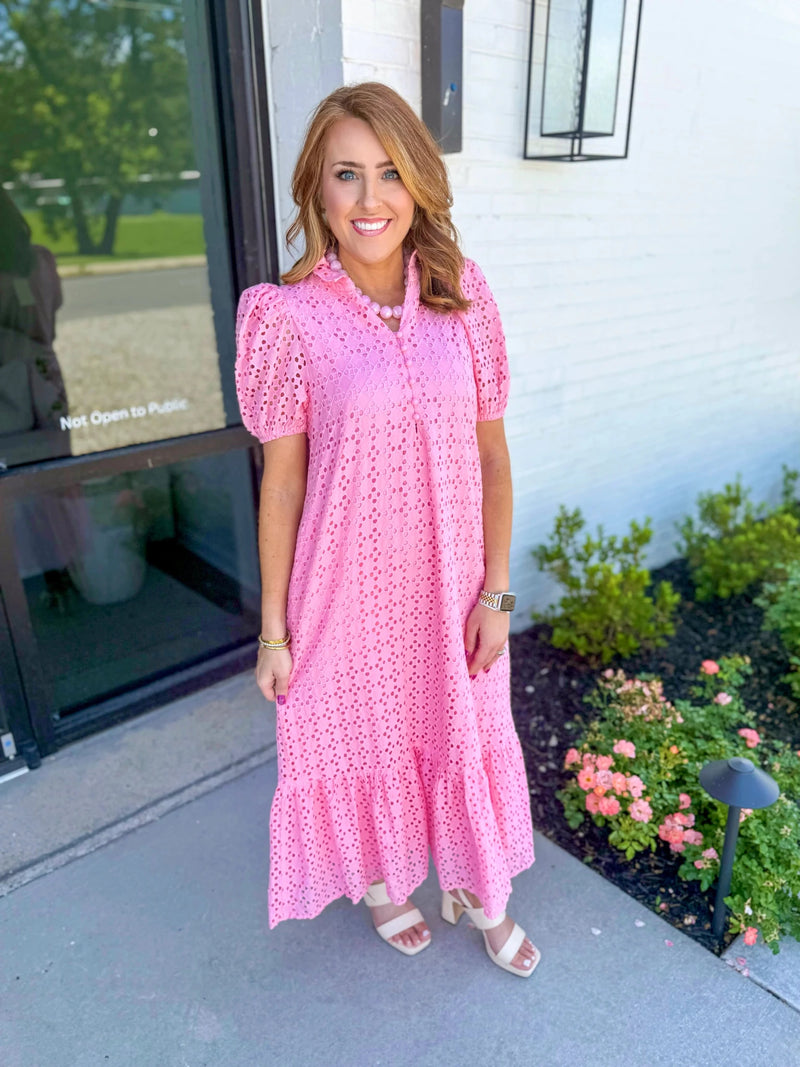 pink eyelet maxi dress Emory Eyelet Strapless Maxi Dress-Pink