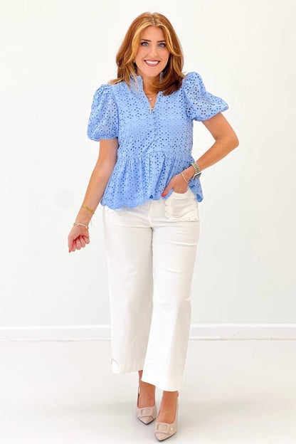 Broderie eyelet top with a frilled neck