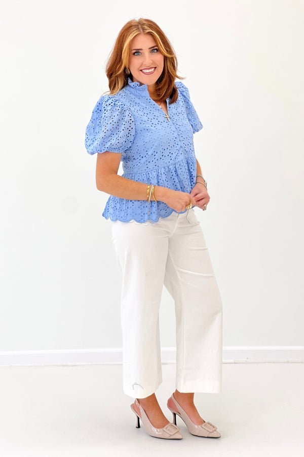 Eyelet detail top with gathered neck ruffles
