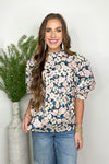 Charcoal and Blue Floral Mock Neck Top