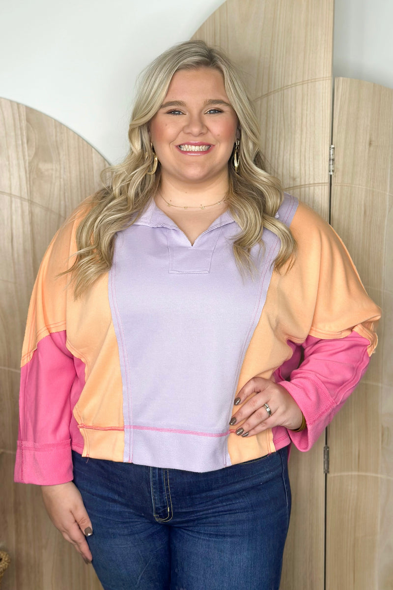 Lavender Orange Color Block Long Sleeve Top