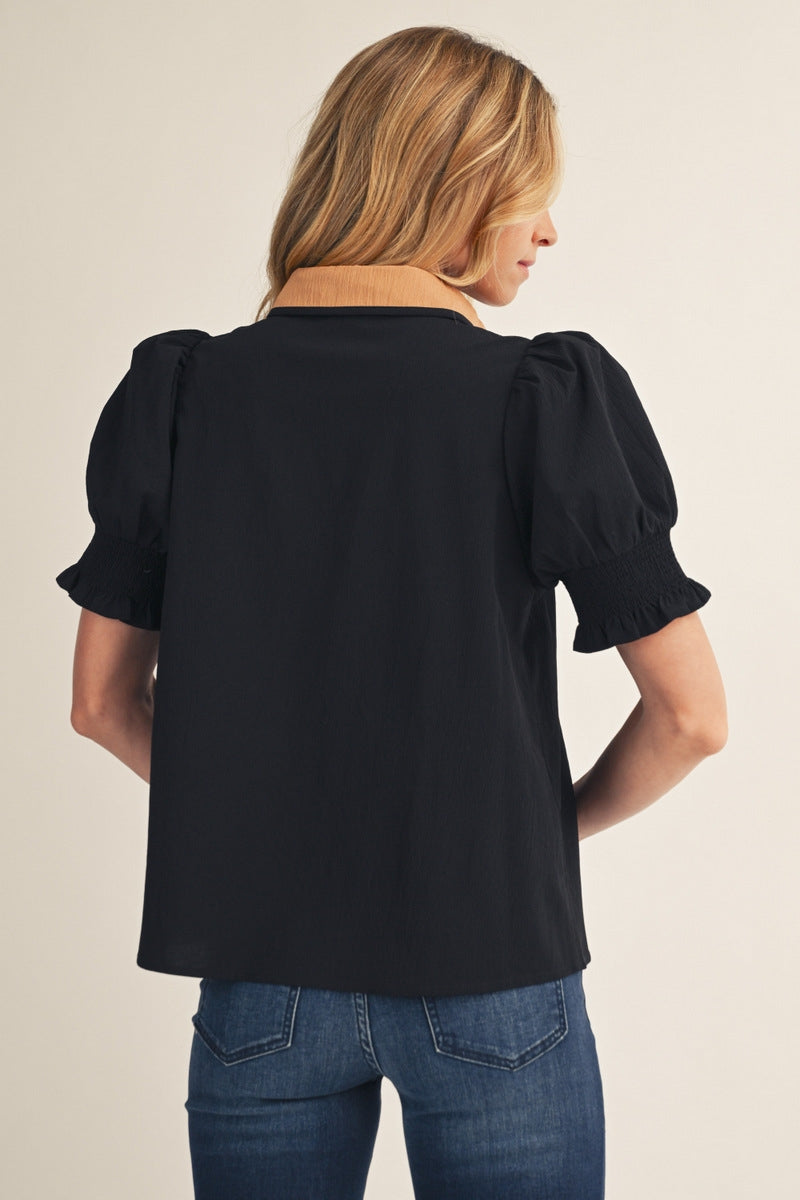 Jodifl Collared V-Neck Short Sleeve Top in Black, detail