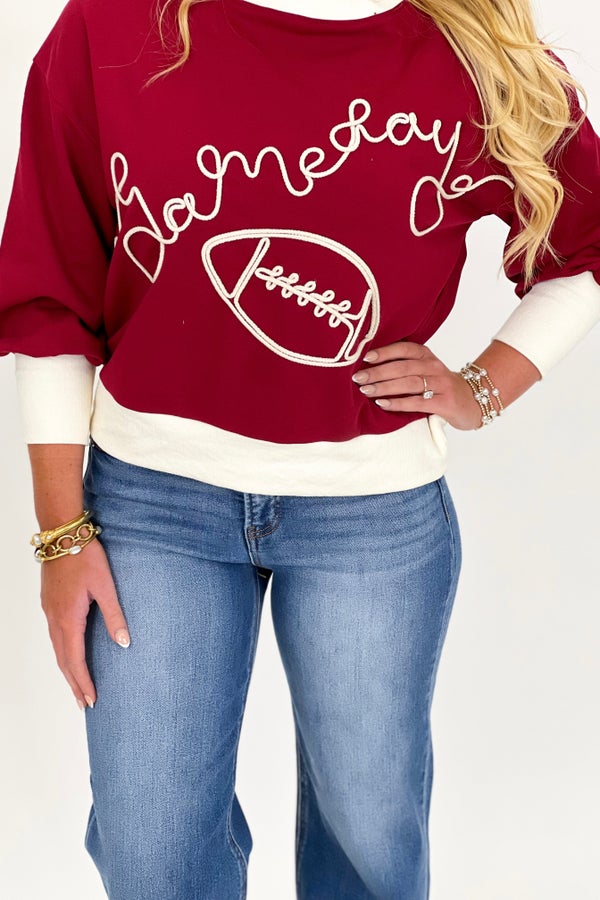 Dark Red Embroidery Gameday  Top
