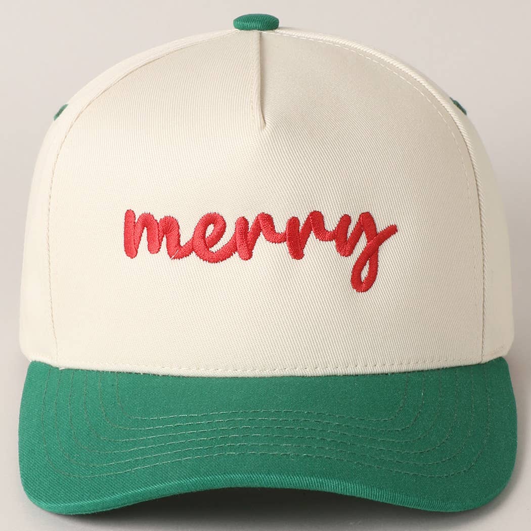 Cream baseball cap with green bill and merry embroidery