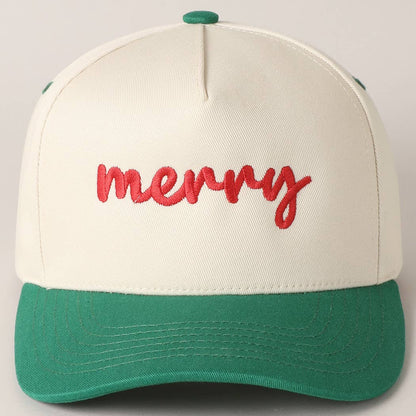 Cream baseball cap with green bill and merry embroidery
