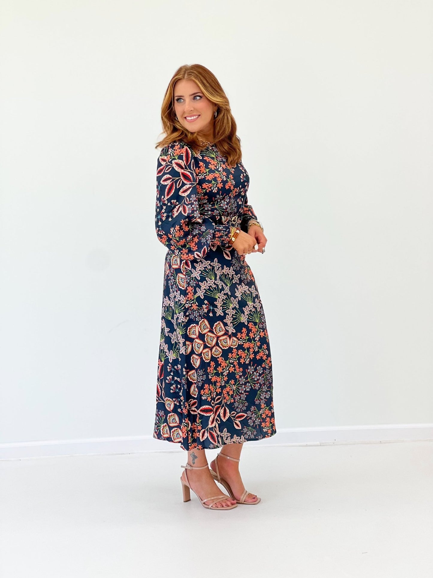 Multicoloured peacock print on a balloon sleeve maxi dress