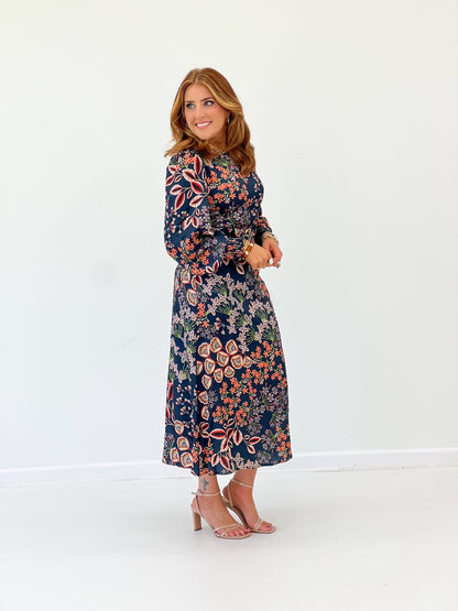 Multicoloured peacock print on a balloon sleeve maxi dress