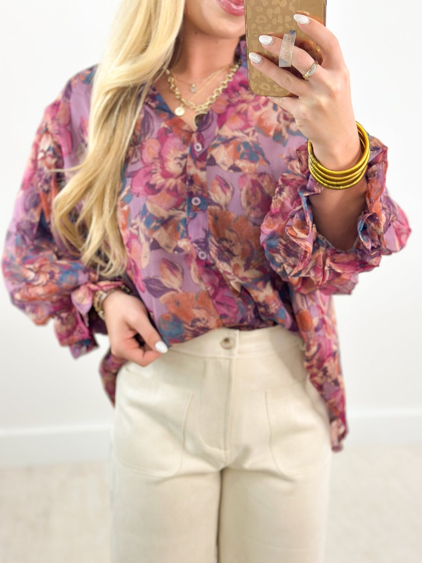 Ruffle neck floral blouse in dusty mauve