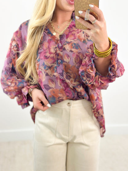 Ruffle neck floral blouse in dusty mauve