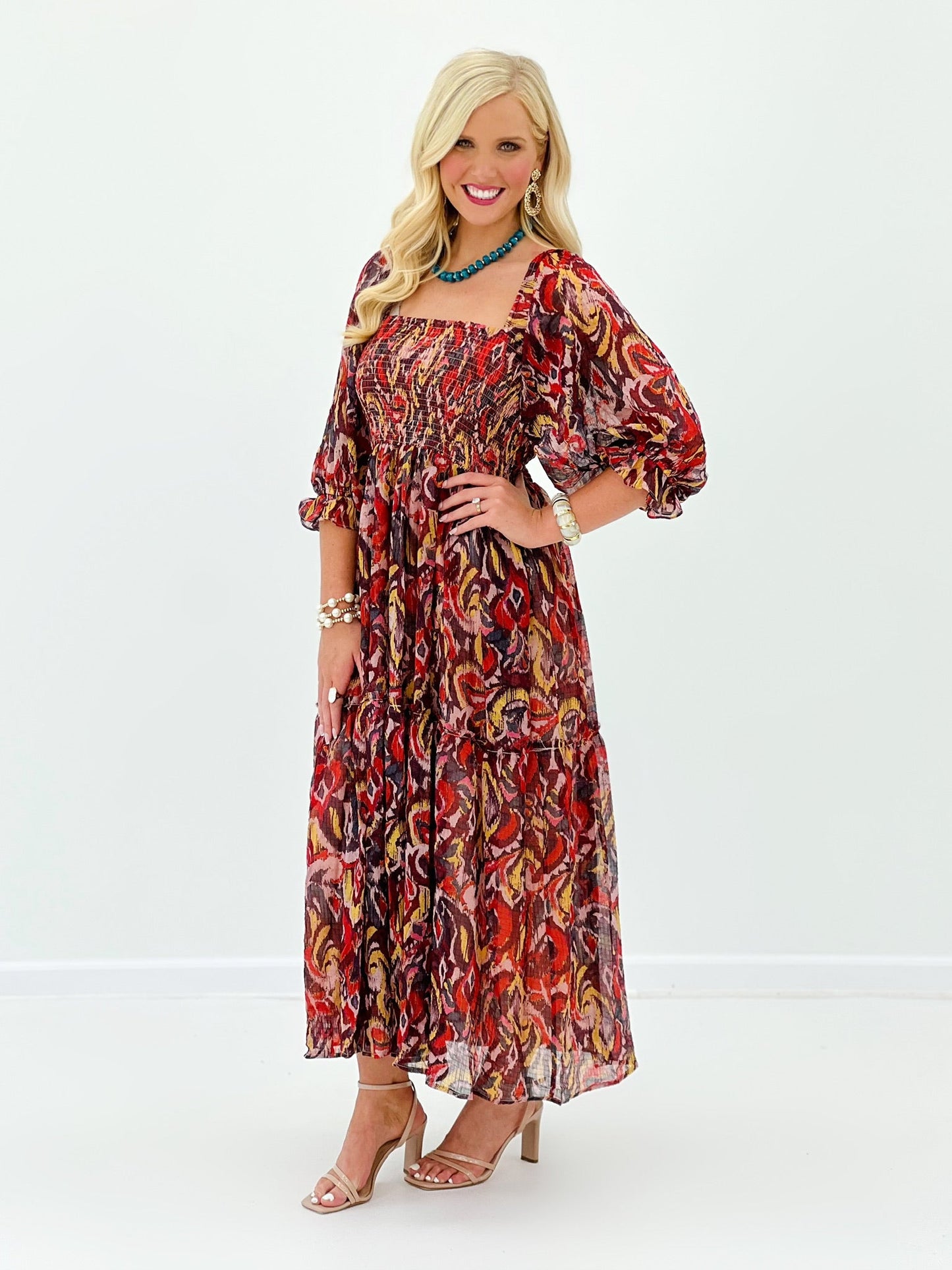 Crinkle textured chiffon dress in warm red tones