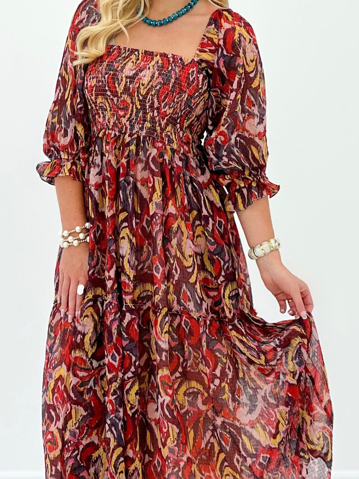 Red mustard chiffon dress with a smocked waist