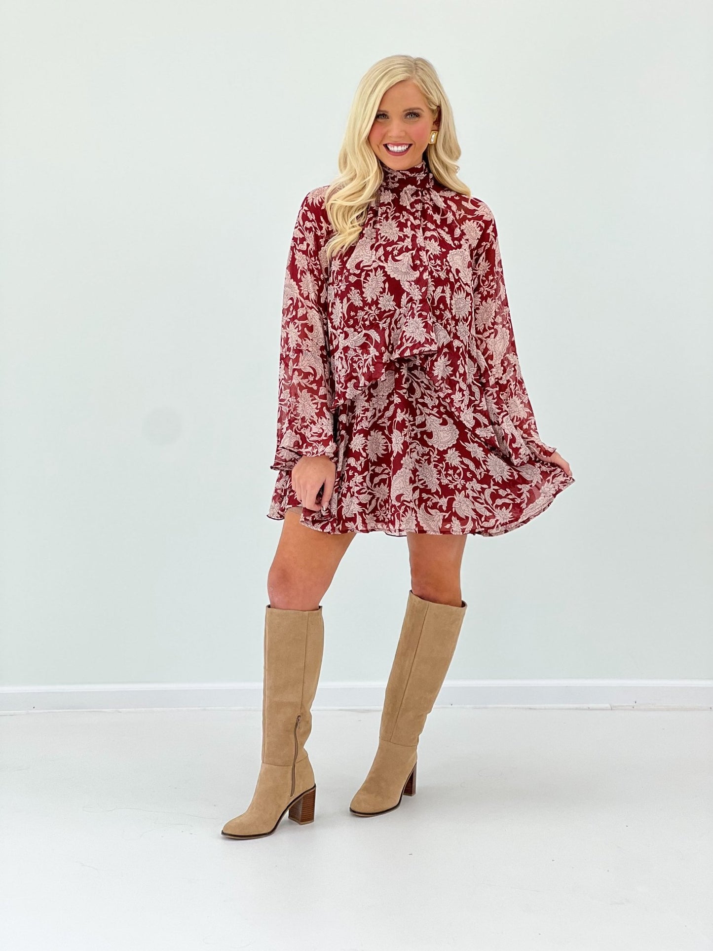 Fate Floral Print High Neck Ruffled Dress - Lavish Boutique04-DRESSES