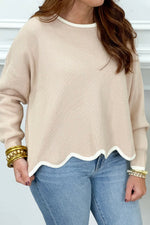 Taupe and Cream Scallop Hem Contrast Edge Sweater