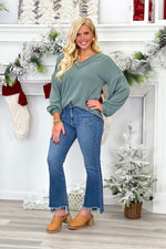 Moss Ribbed V-Neck Long Sleeve Top