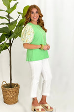 Green Floral Embroidered Puff Sleeve Top