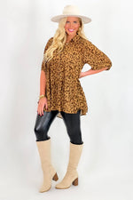 Brown Animal Printed Front Button Puff Sleeve Top