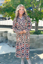 Rust Printed Button Up Long Sleeve Maxi Dress