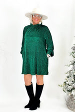 Green Velvet High Neck Long Sleeve Dress