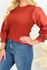 Brick Texture Ruffle Cuff Long Sleeve Top