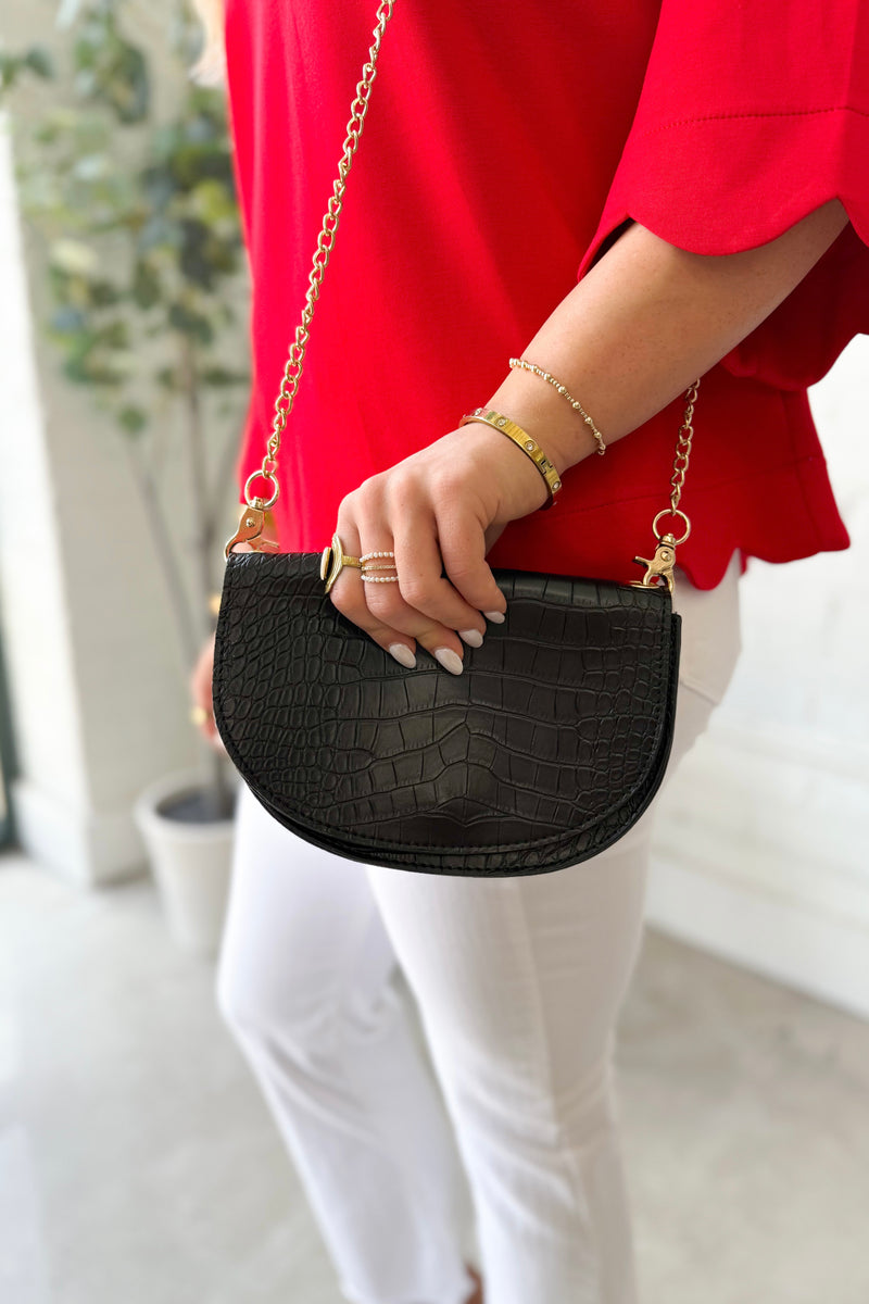 Black Croco Leather Half Moon Belt Bag