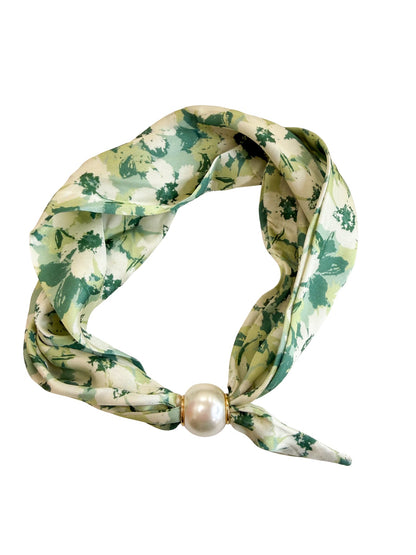 Fabric scarf necklace with floral and butterfly motifs