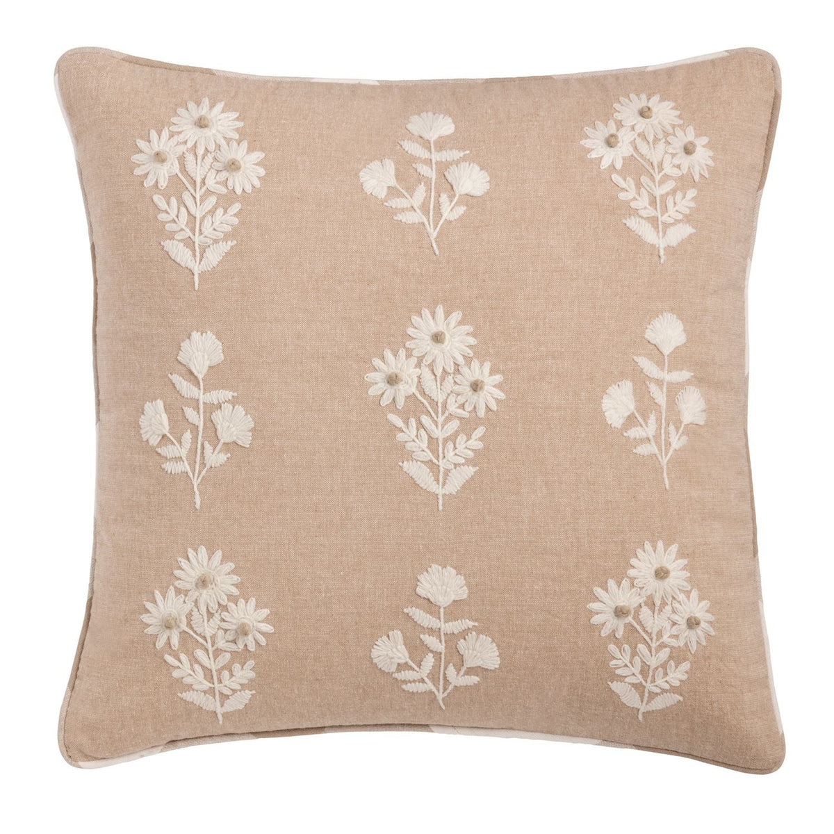 Natural beige pillow with white botanical embroidery