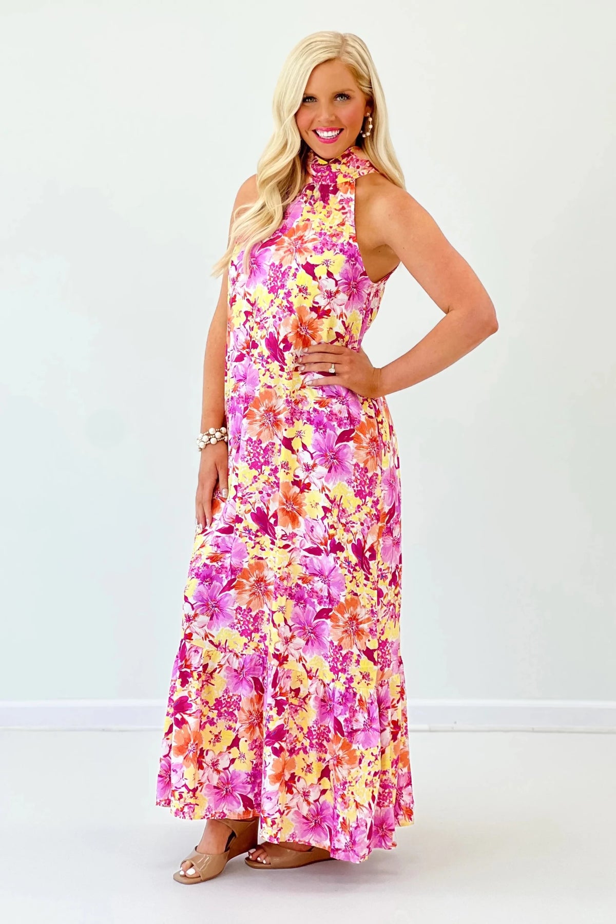 Red floral maxi dress with a mock neckline