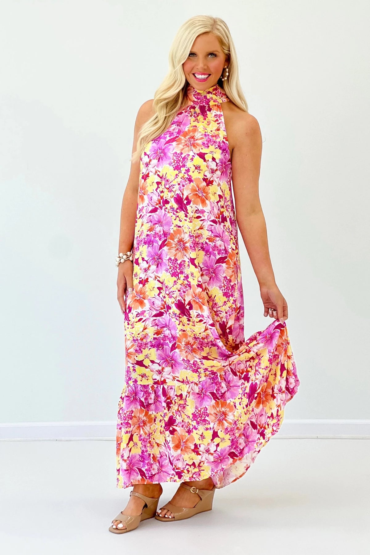 Floral print maxi dress in a bold red colourway
