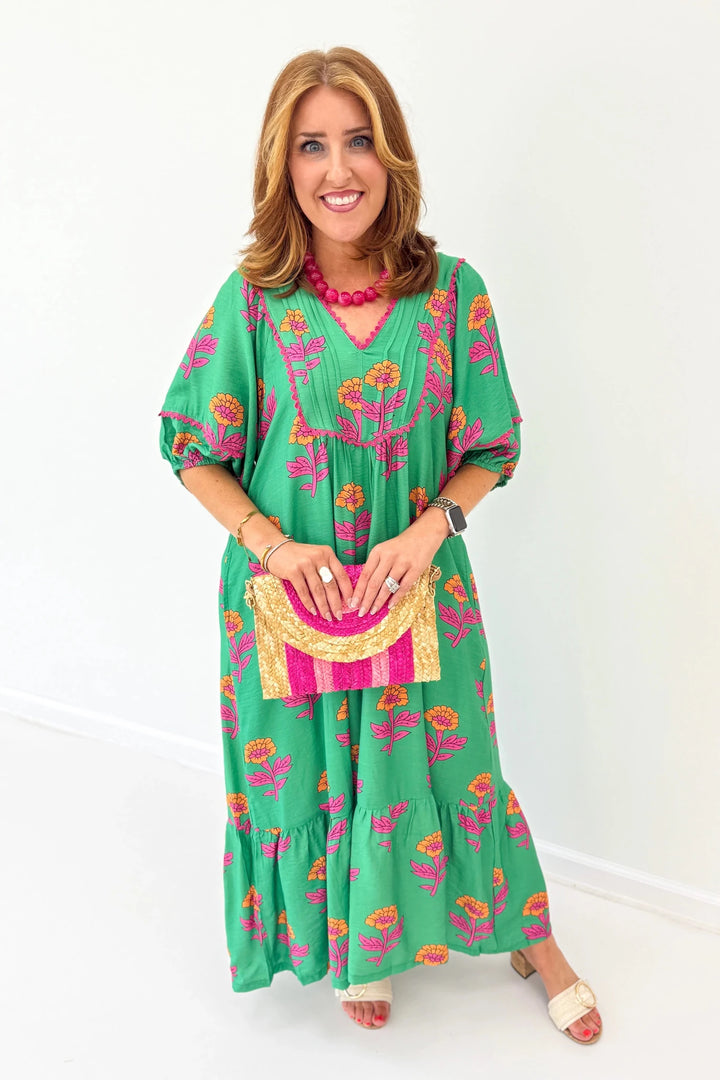 Green floral midi dress with pin tuck detailing
