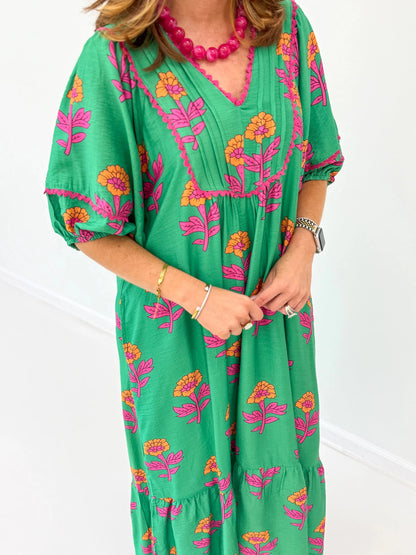 Floral print midi dress in a lightweight rayon with a fluid drape
